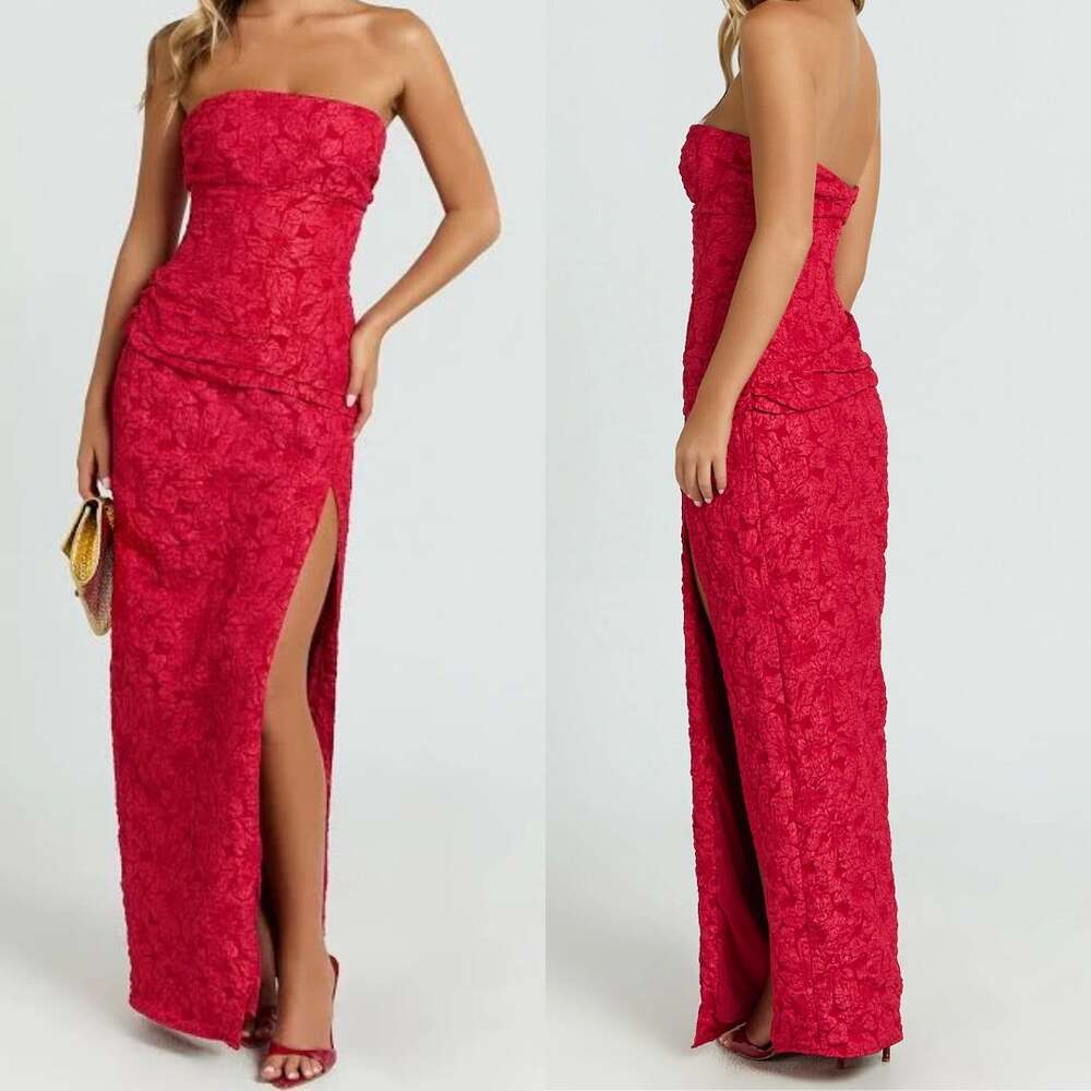 Showpo Berri Maxi Dress Strapless Jacquard High Split Dress in Red (Sz 4)